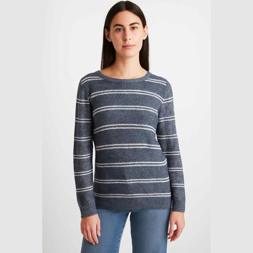 Talbots Women's Blue and White Crew Neck Striped Knit Long Sleeve Sweater